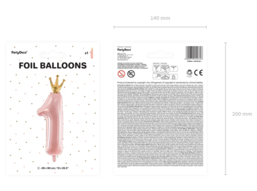 Folienballon - Rosa Zahl 1 Krone, Mädchen - 30cm x 90cm